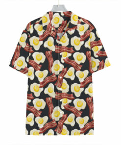Black Fried Egg And Bacon Pattern Print Hawaiian Shirt