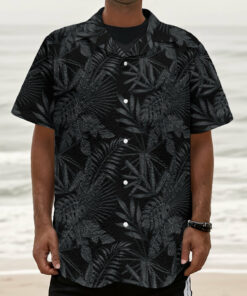 Black Palm Leaf Aloha Pattern Print Textured Short Sleeve Shirt