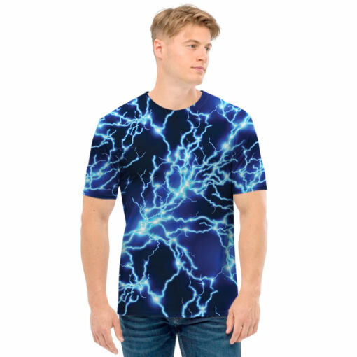 Blue Electric Lightning Print Men's T-Shirt