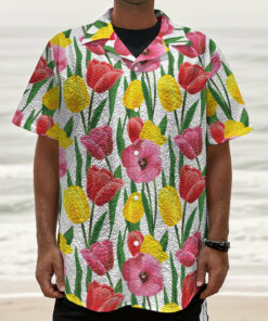Colorful Tulip Pattern Print Textured Short Sleeve Shirt