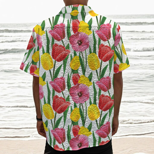 Colorful Tulip Pattern Print Textured Short Sleeve Shirt