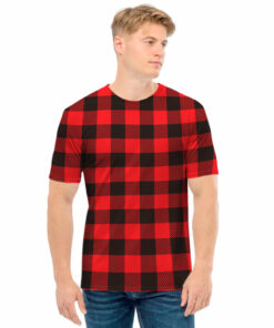 Hot Red Buffalo Plaid Print Men's T-Shirt