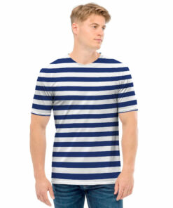 Navy And White Striped Pattern Print Men's T-Shirt