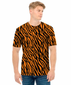 Orange And Black Tiger Stripe Print Men's T-Shirt