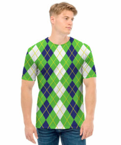 White Green And Navy Argyle Print Men's T-Shirt