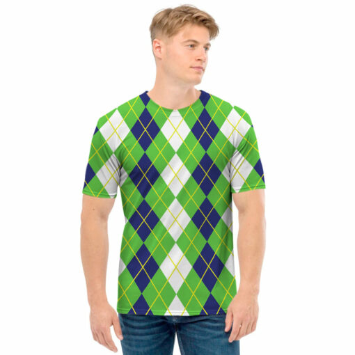 White Green And Navy Argyle Print Men's T-Shirt