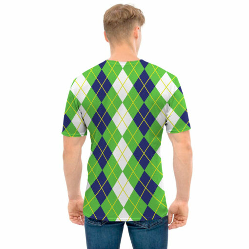 White Green And Navy Argyle Print Men's T-Shirt
