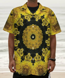 Yellow Flower Kaleidoscope Print Textured Short Sleeve Shirt