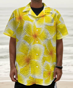 Yellow Frangipani Pattern Print Textured Short Sleeve Shirt