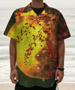 Yellow Full Moon Print Textured Short Sleeve Shirt