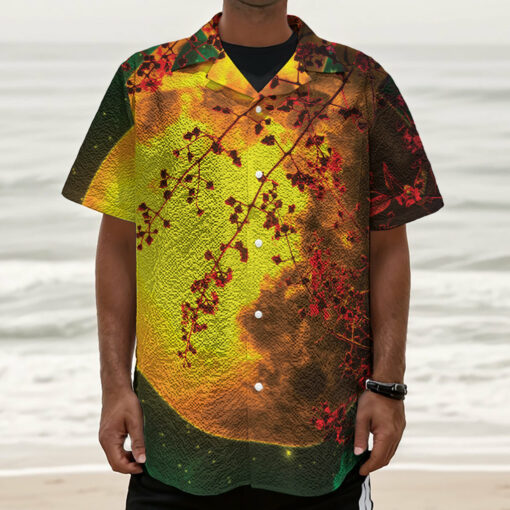 Yellow Full Moon Print Textured Short Sleeve Shirt