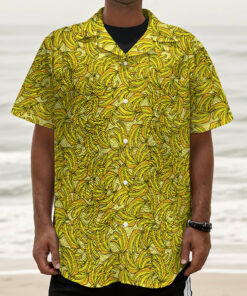 Yellow Geometric Banana Pattern Print Textured Short Sleeve Shirt