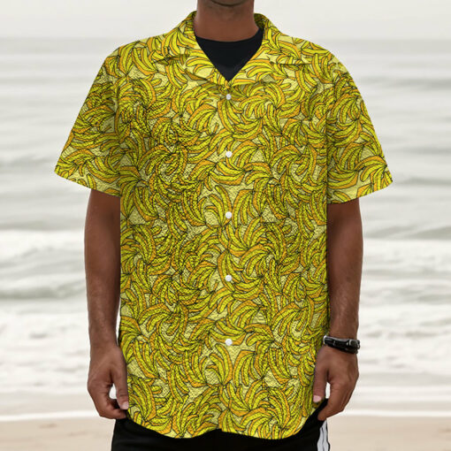 Yellow Geometric Banana Pattern Print Textured Short Sleeve Shirt