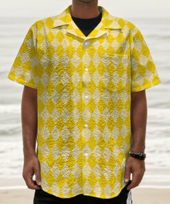 Yellow Harlequin Pattern Print Textured Short Sleeve Shirt