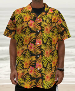 Yellow Hawaiian Tropical Pattern Print Textured Short Sleeve Shirt