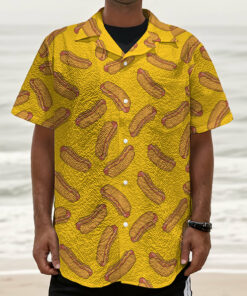 Yellow Hot Dog Pattern Print Textured Short Sleeve Shirt