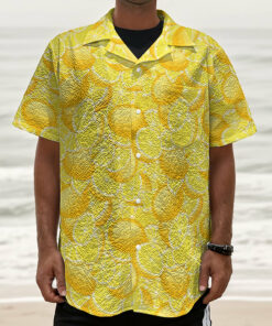Yellow Lemon Pattern Print Textured Short Sleeve Shirt