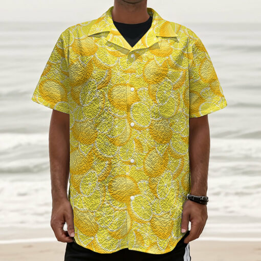 Yellow Lemon Pattern Print Textured Short Sleeve Shirt