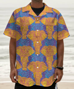 Yellow Mandala Elephant Pattern Print Textured Short Sleeve Shirt