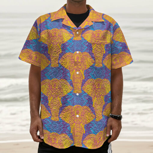 Yellow Mandala Elephant Pattern Print Textured Short Sleeve Shirt