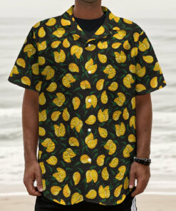 Yellow Mango Fruit Pattern Print Textured Short Sleeve Shirt