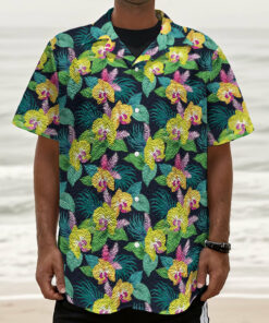 Yellow Orchid Pattern Print Textured Short Sleeve Shirt