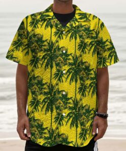 Yellow Palm Tree Pattern Print Textured Short Sleeve Shirt