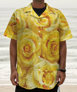 Yellow Rose Print Textured Short Sleeve Shirt
