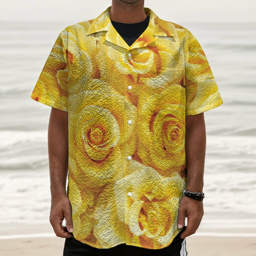 Yellow Rose Print Textured Short Sleeve Shirt