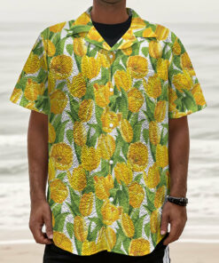 Yellow Spring Tulip Pattern Print Textured Short Sleeve Shirt