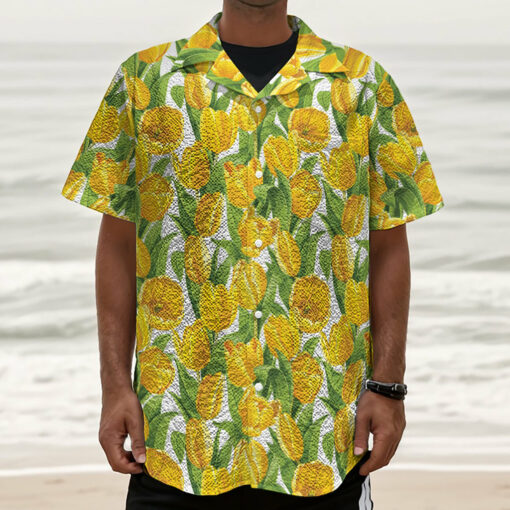 Yellow Spring Tulip Pattern Print Textured Short Sleeve Shirt