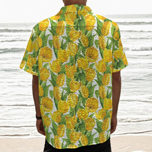 Yellow Spring Tulip Pattern Print Textured Short Sleeve Shirt