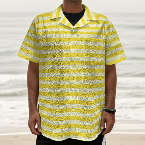Yellow Striped Pattern Print Textured Short Sleeve Shirt