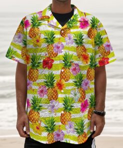 Yellow Striped Pineapple Pattern Print Textured Short Sleeve Shirt