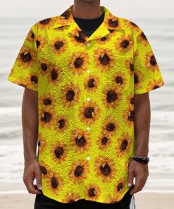 Yellow Sunflower Pattern Print Textured Short Sleeve Shirt