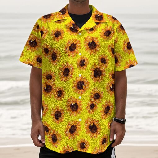 Yellow Sunflower Pattern Print Textured Short Sleeve Shirt