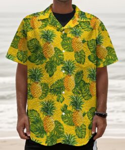 Yellow Tropical Pineapple Pattern Print Textured Short Sleeve Shirt