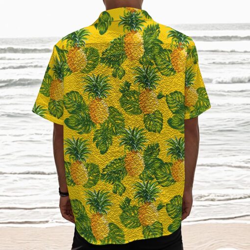 Yellow Tropical Pineapple Pattern Print Textured Short Sleeve Shirt
