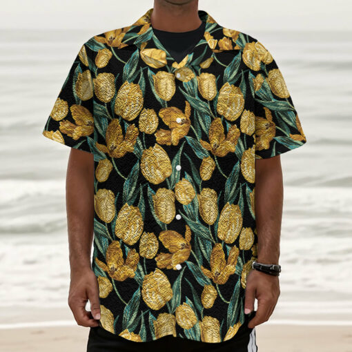 Yellow Tulip Floral Pattern Print Textured Short Sleeve Shirt
