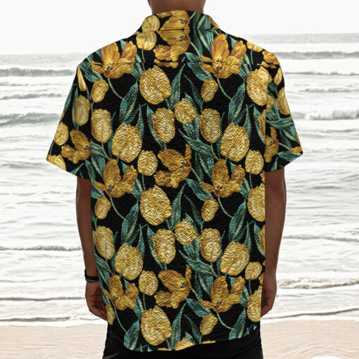 Yellow Tulip Floral Pattern Print Textured Short Sleeve Shirt