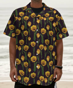 Yellow Tulip Flower Pattern Print Textured Short Sleeve Shirt