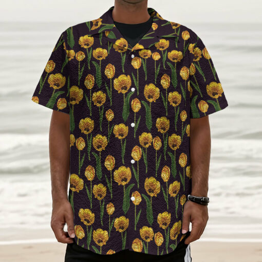 Yellow Tulip Flower Pattern Print Textured Short Sleeve Shirt