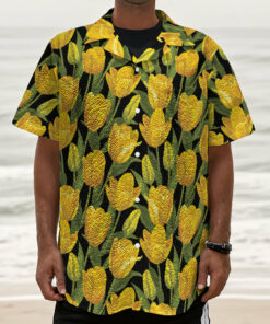 Yellow Tulip Pattern Print Textured Short Sleeve Shirt