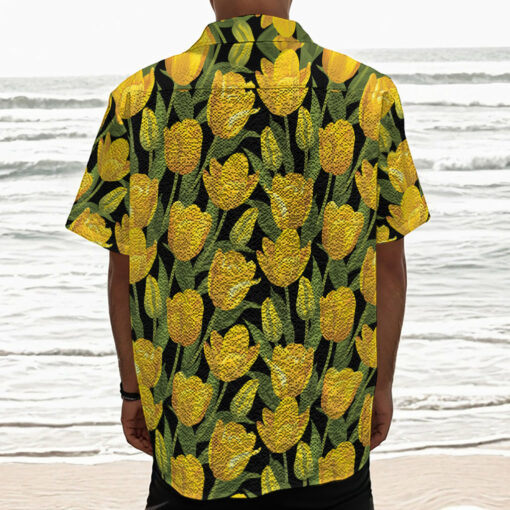 Yellow Tulip Pattern Print Textured Short Sleeve Shirt