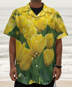Yellow Tulip Print Textured Short Sleeve Shirt