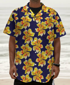 Yellow Watercolor Lily Pattern Print Textured Short Sleeve Shirt