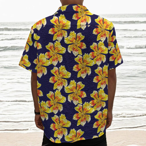 Yellow Watercolor Lily Pattern Print Textured Short Sleeve Shirt