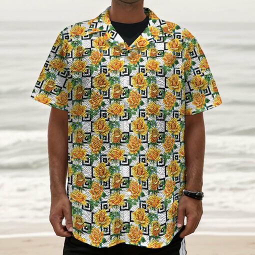 Yellow Watercolor Rose Print Textured Short Sleeve Shirt