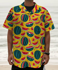 Yellow Watermelon Pieces Pattern Print Textured Short Sleeve Shirt