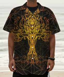 Yggdrasil Tree Of Life Print Textured Short Sleeve Shirt